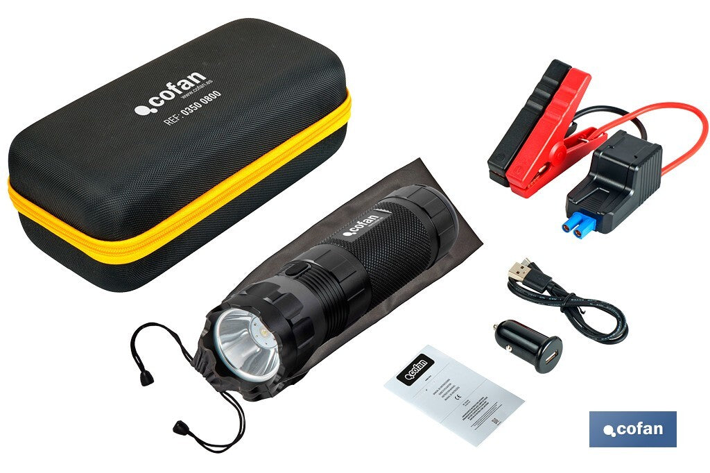 Cofan – Arrancador Portátil de Baterías 600 A | Linterna LED 330 Lúmenes | Power Bank USB | Gasolina hasta 5000 cc y Diésel hasta 3000 cc