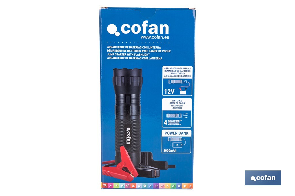 Cofan – Arrancador Portátil de Baterías 600 A | Linterna LED 330 Lúmenes | Power Bank USB | Gasolina hasta 5000 cc y Diésel hasta 3000 cc