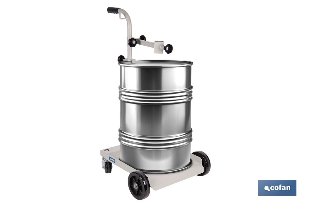Cofan – Carretilla Portabidones | Para Bidones de 60 L | Ruedas PU + Nylon | Mango Acolchado | Uso Industrial y Taller