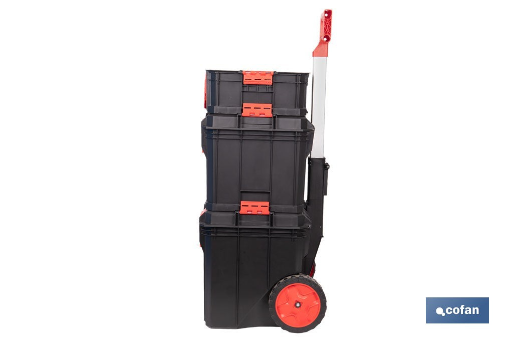 Cofan – Set Modular 3 Cajas de Herramientas con Ruedas y Asa Telescópica | Heavy Duty | 53 x 35,5 x 82,5 cm