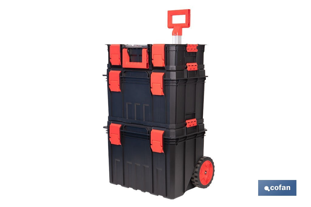 Cofan – Set Modular 3 Cajas de Herramientas con Ruedas y Asa Telescópica | Heavy Duty | 53 x 35,5 x 82,5 cm