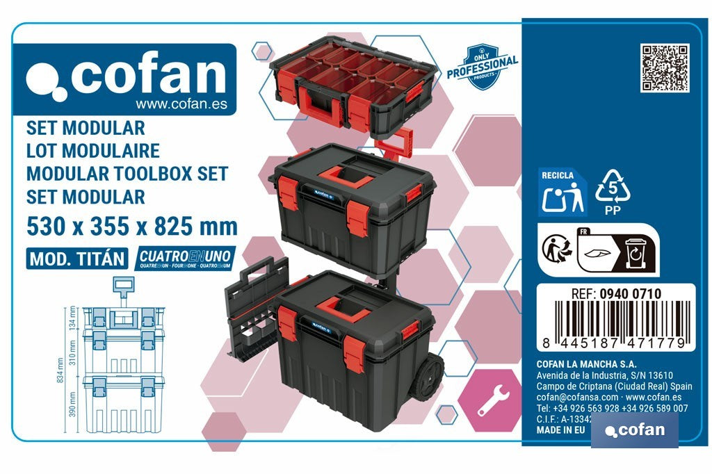 Cofan – Set Modular 3 Cajas de Herramientas con Ruedas y Asa Telescópica | Heavy Duty | 53 x 35,5 x 82,5 cm