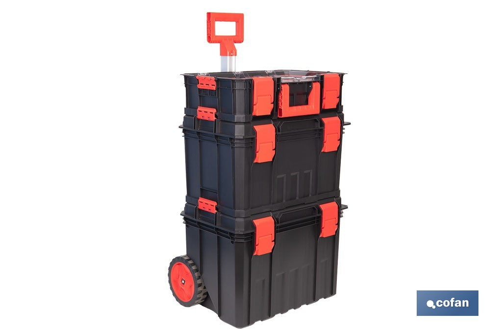 Cofan – Set Modular 3 Cajas de Herramientas con Ruedas y Asa Telescópica | Heavy Duty | 53 x 35,5 x 82,5 cm