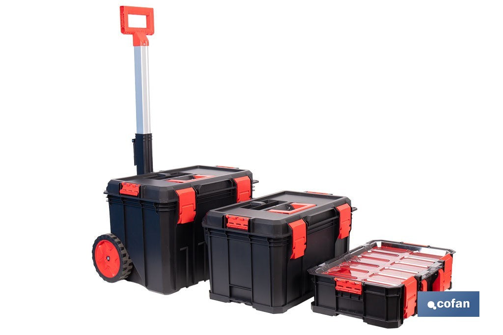 Cofan – Set Modular 3 Cajas de Herramientas con Ruedas y Asa Telescópica | Heavy Duty | 53 x 35,5 x 82,5 cm