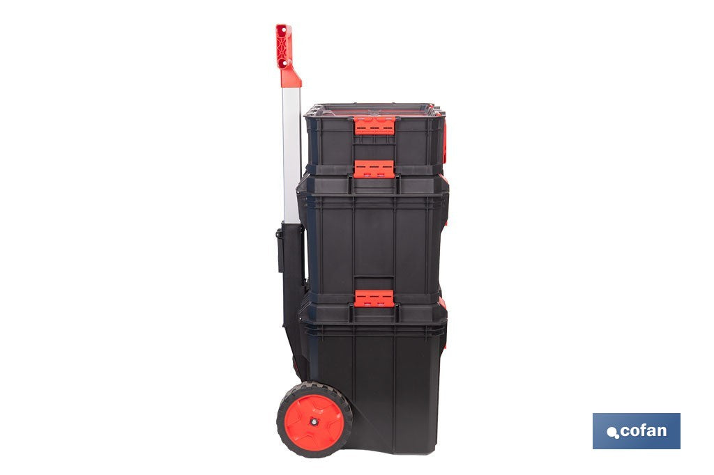 Cofan – Set Modular 3 Cajas de Herramientas con Ruedas y Asa Telescópica | Heavy Duty | 53 x 35,5 x 82,5 cm
