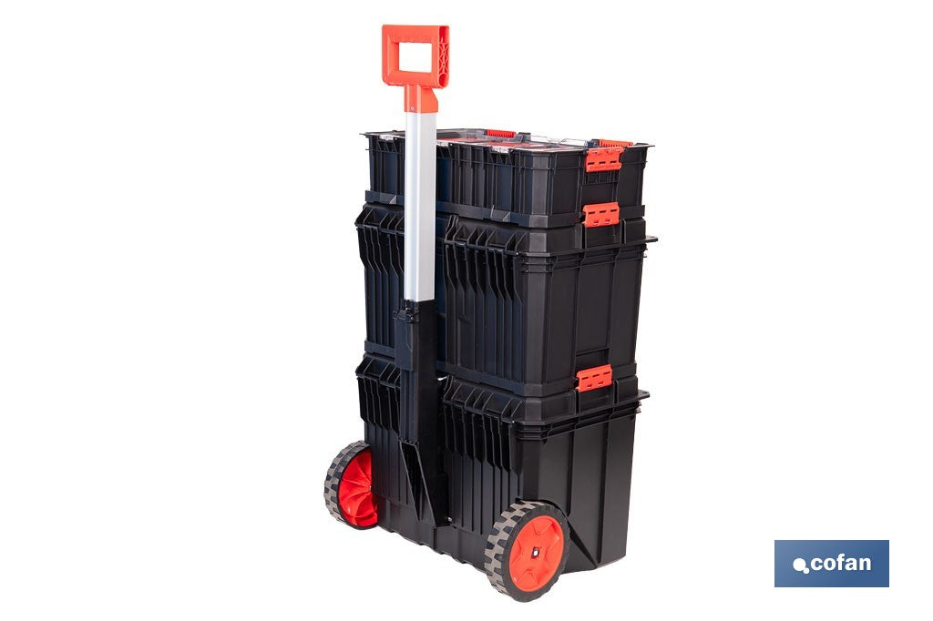 Cofan – Set Modular 3 Cajas de Herramientas con Ruedas y Asa Telescópica | Heavy Duty | 53 x 35,5 x 82,5 cm