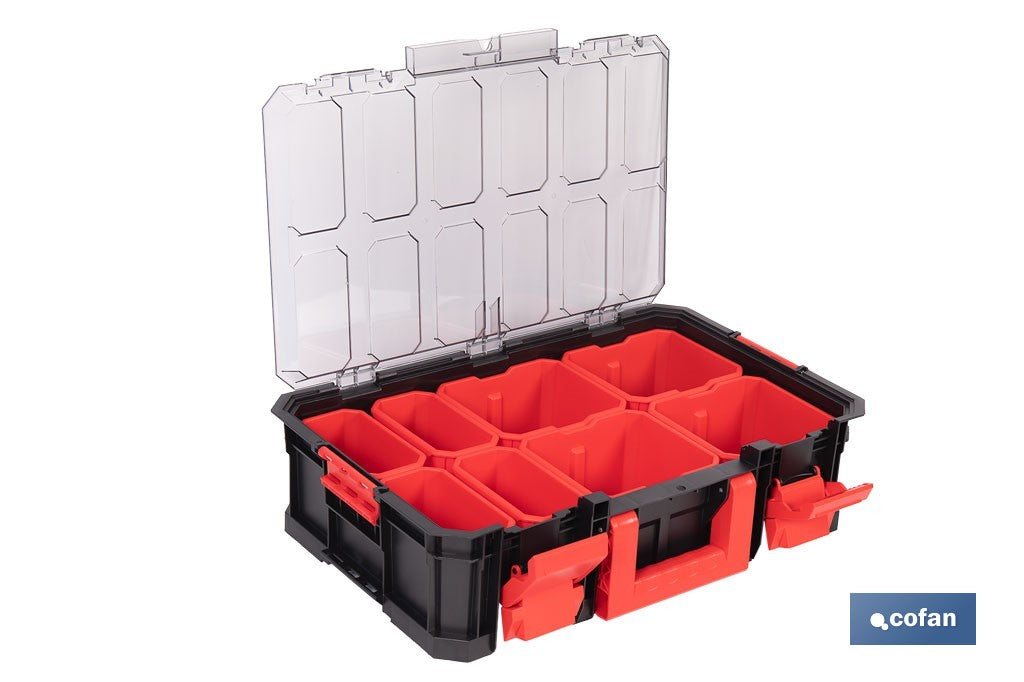 Cofan – Caja de Herramientas Modular con Organizadores | Tapa Policarbonato | 8 Compartimentos | 20 kg