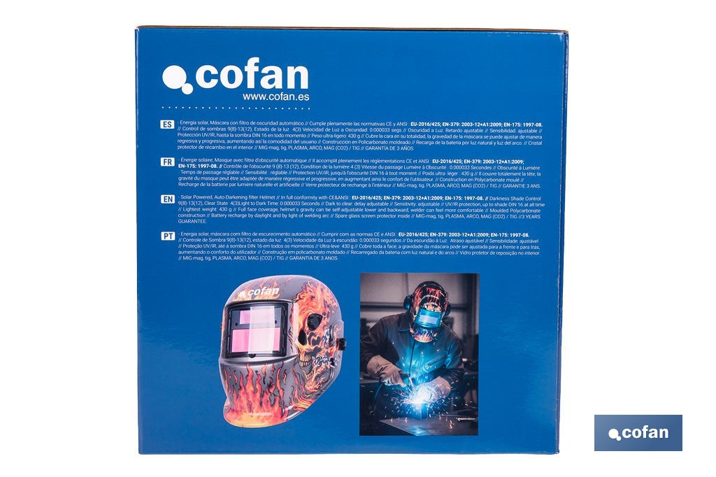 Cofan – Casco de Soldadura Automático Fire Skull Solar DIN 9-13 | Para ARC, MIG, MAG y TIG
