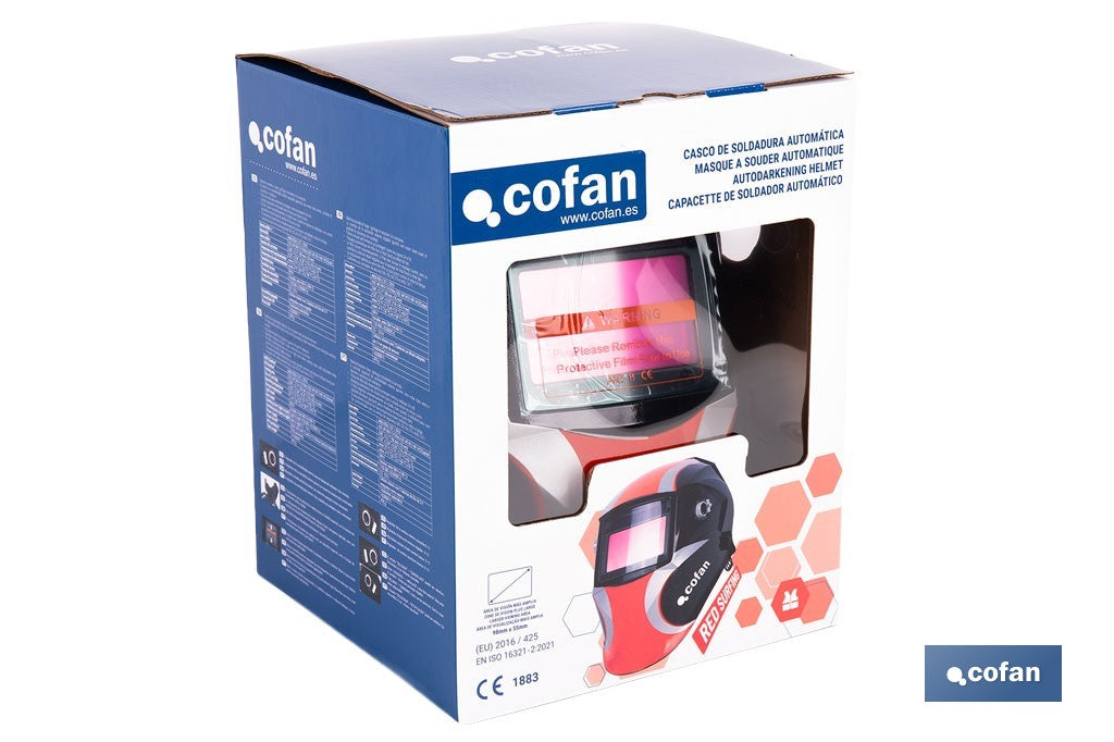 Cofan – Casco de Soldadura Automático Red Surfing Solar DIN 9-13 | 4 Sensores y Visor Amplio