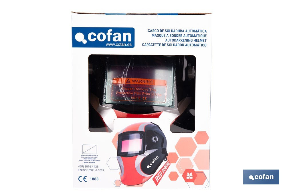 Cofan – Casco de Soldadura Automático Red Surfing Solar DIN 9-13 | 4 Sensores y Visor Amplio