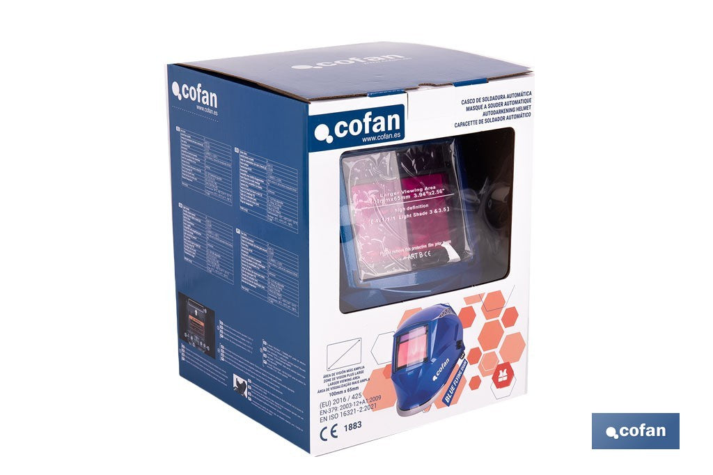 Cofan – Casco de Soldadura Automático Blue Flying Shark Solar DIN 4-9 / 9-13 | 4 Sensores y Visor Panorámico