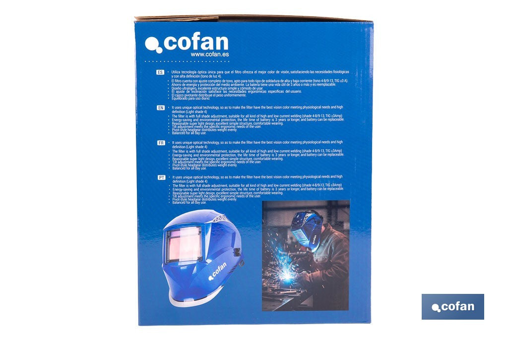 Cofan – Casco de Soldadura Automático Blue Flying Shark Solar DIN 4-9 / 9-13 | 4 Sensores y Visor Panorámico