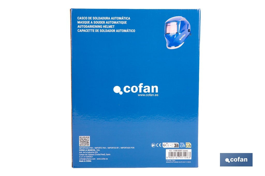 Cofan – Casco de Soldadura Automático Blue Flying Shark Solar DIN 4-9 / 9-13 | 4 Sensores y Visor Panorámico