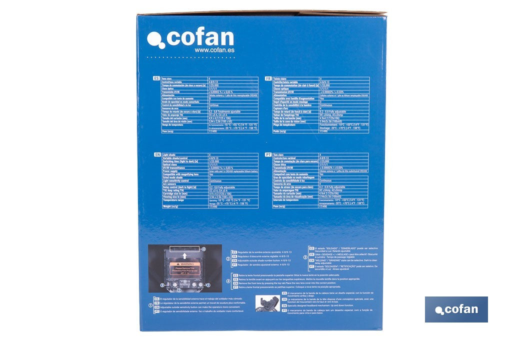 Cofan – Casco de Soldadura Automático Blue Flying Shark Solar DIN 4-9 / 9-13 | 4 Sensores y Visor Panorámico