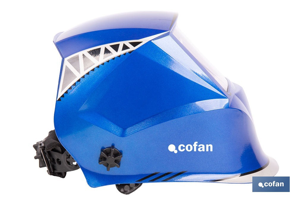 Cofan – Casco de Soldadura Automático Blue Flying Shark Solar DIN 4-9 / 9-13 | 4 Sensores y Visor Panorámico
