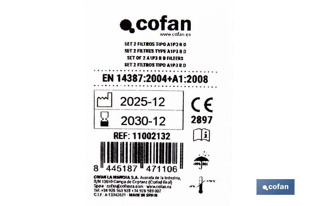 Cofan – Set de 2 Filtros A1P3 para Máscara Completa | Protección Gases, Vapores y Partículas P3