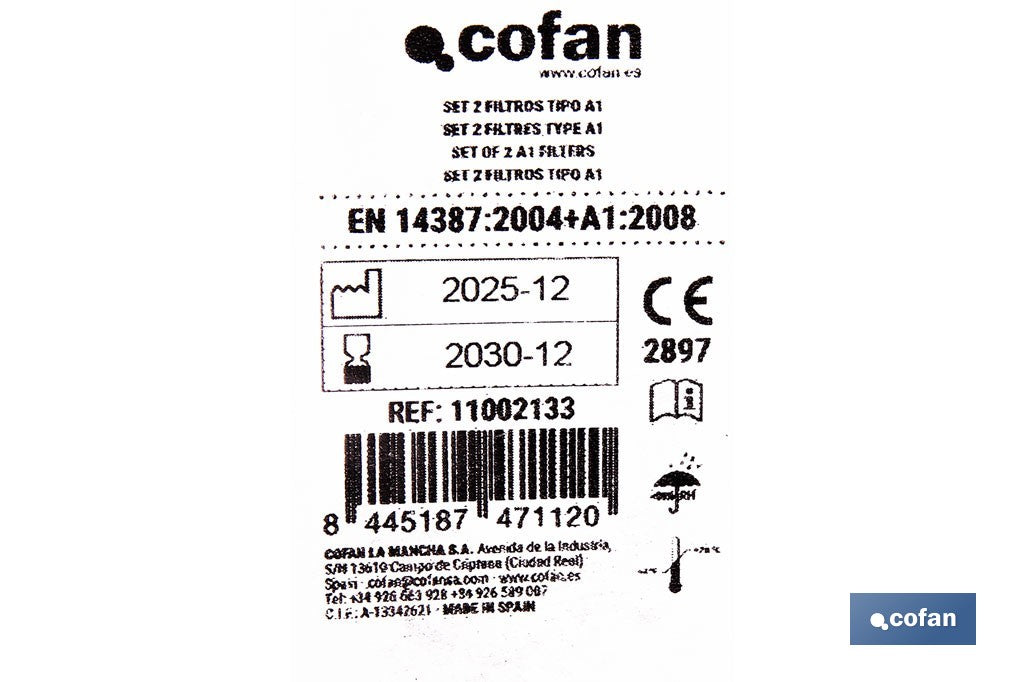 Cofan – Set de 2 Filtros A1 para Máscara Completa | Protección Gases y Vapores Químicos