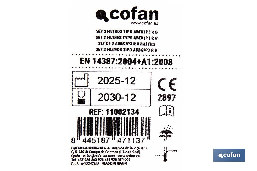 Cofan – Set de 2 Filtros ABEK1P3 para Máscara Completa | Protección Avanzada Gases, Vapores y Partículas