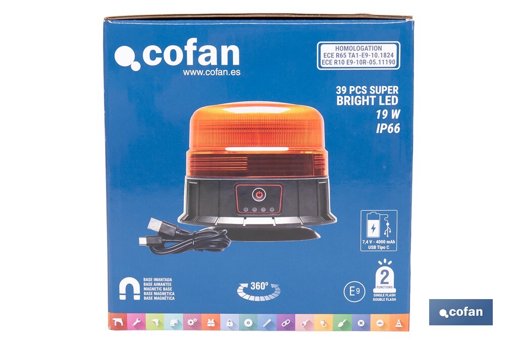 Cofan – Luz Emergencia Rotativa 360° | Recargable USB-C | Base Magnética | LED Ámbar | ECE R65 IP66