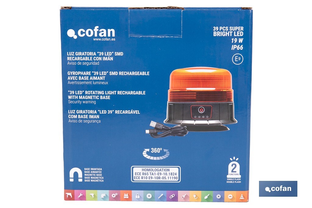Cofan – Luz Emergencia Rotativa 360° | Recargable USB-C | Base Magnética | LED Ámbar | ECE R65 IP66