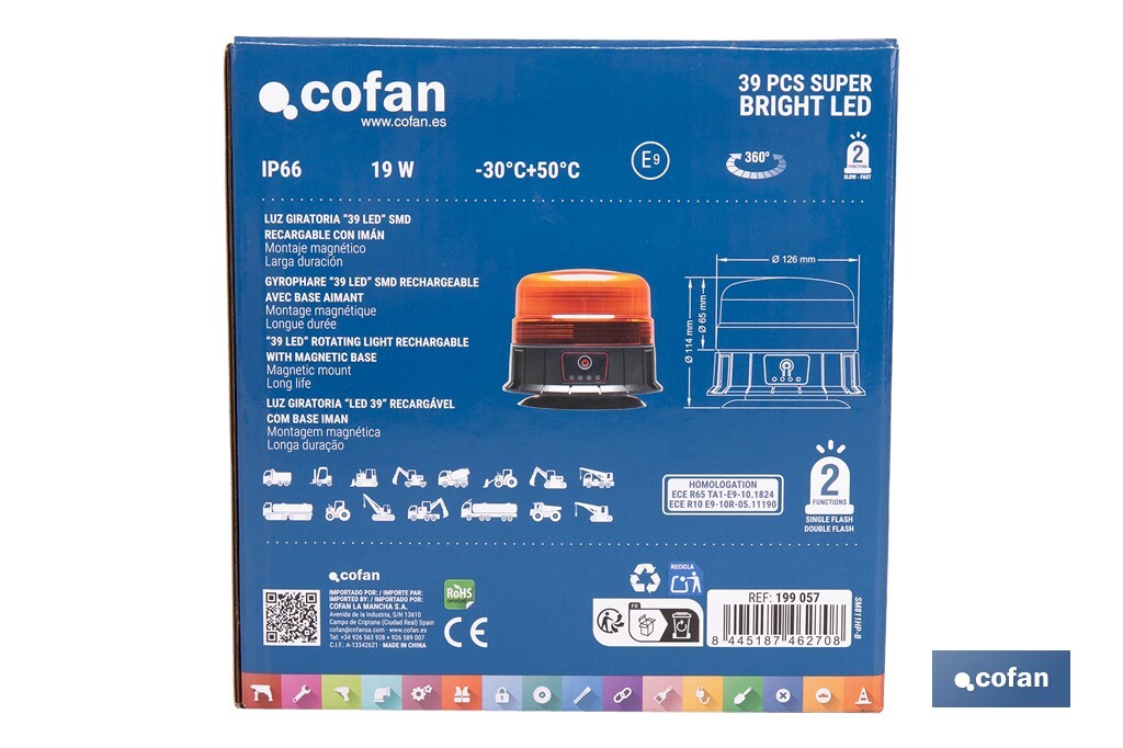 Cofan – Luz Emergencia Rotativa 360° | Recargable USB-C | Base Magnética | LED Ámbar | ECE R65 IP66