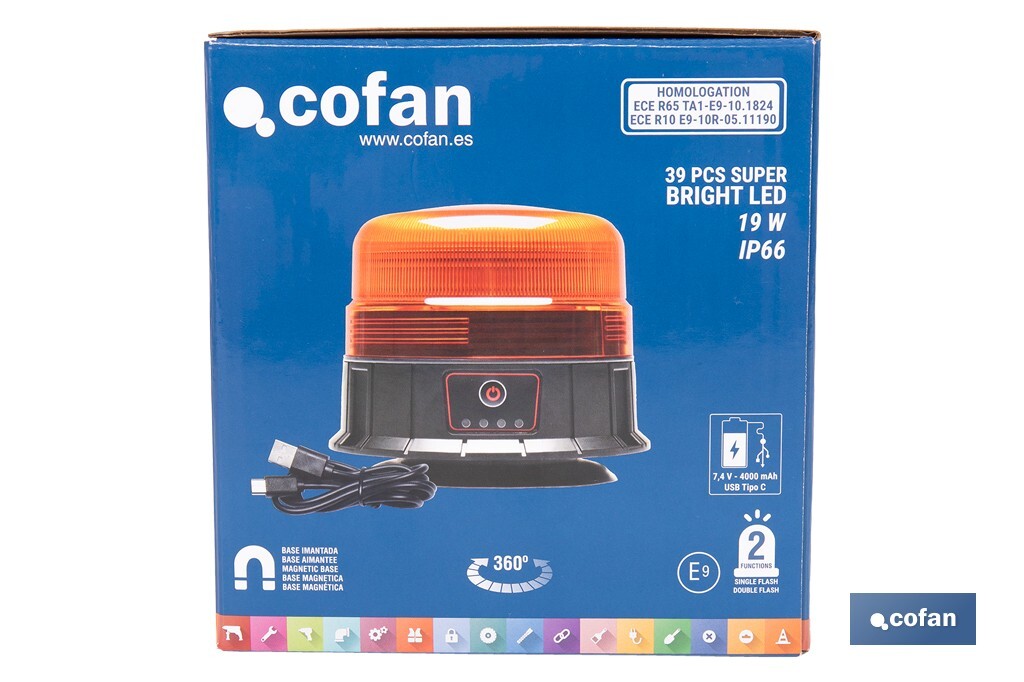 Cofan – Luz Emergencia Rotativa 360° | Recargable USB-C | Base Magnética | LED Ámbar | ECE R65 IP66