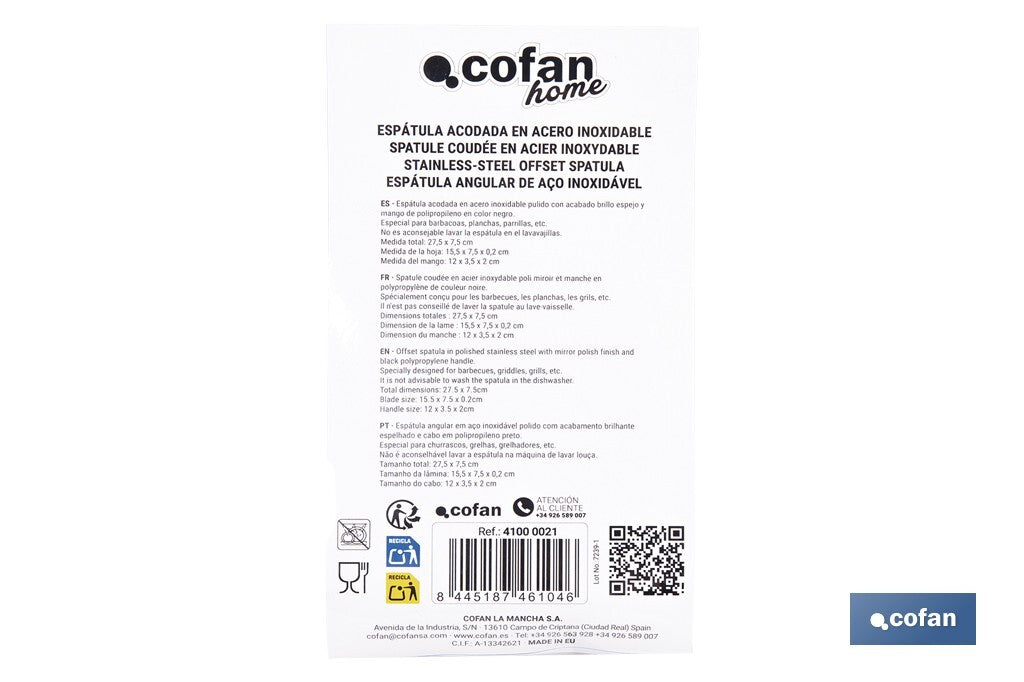 Cofan – Espátula Acodada de Acero Inoxidable | Ideal para Barbacoas, Parrillas y Planchas