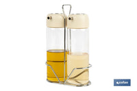 Cofan – Set de Aceitera y Vinagrera con Soporte | Vidrio Borosilicato | Tapas Beige | 300 ml | Dosificador Antigoteo | Juego de 2 Piezas