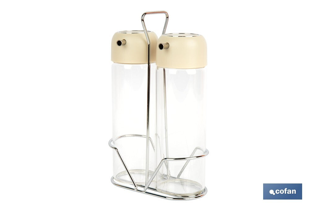 Cofan – Set de Aceitera y Vinagrera con Soporte | Vidrio Borosilicato | Tapas Beige | 300 ml | Dosificador Antigoteo | Juego de 2 Piezas