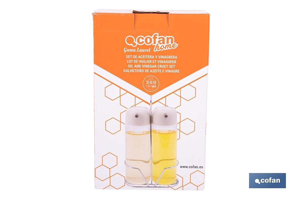 Cofan – Set de Aceitera y Vinagrera con Soporte | Vidrio Borosilicato | Tapas Beige | 300 ml | Dosificador Antigoteo | Juego de 2 Piezas