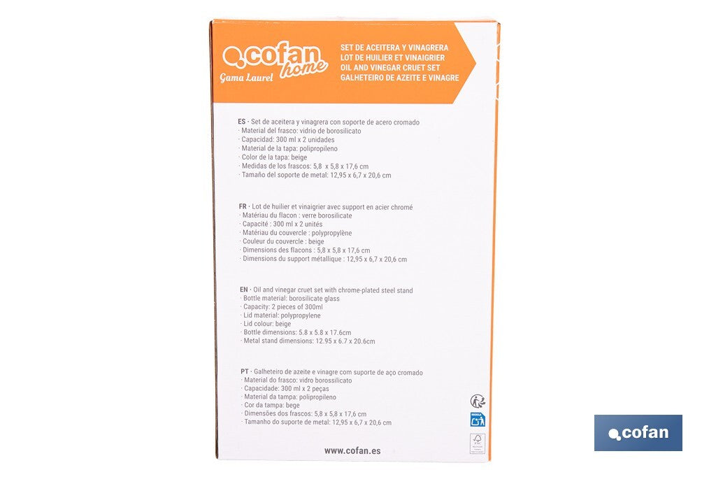 Cofan – Set de Aceitera y Vinagrera con Soporte | Vidrio Borosilicato | Tapas Beige | 300 ml | Dosificador Antigoteo | Juego de 2 Piezas
