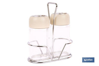 Cofan – Set de Salero y Pimentero con Soporte | Vidrio Borosilicato | Tapas Beige | 120 ml | Juego de 2 Piezas | Dosificación Controlada
