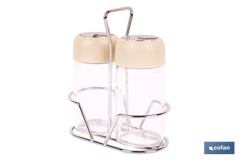 Cofan – Set de Salero y Pimentero con Soporte | Vidrio Borosilicato | Tapas Beige | 120 ml | Juego de 2 Piezas | Dosificación Controlada