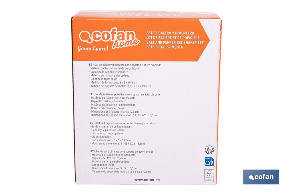 Cofan – Set de Salero y Pimentero con Soporte | Vidrio Borosilicato | Tapas Beige | 120 ml | Juego de 2 Piezas | Dosificación Controlada