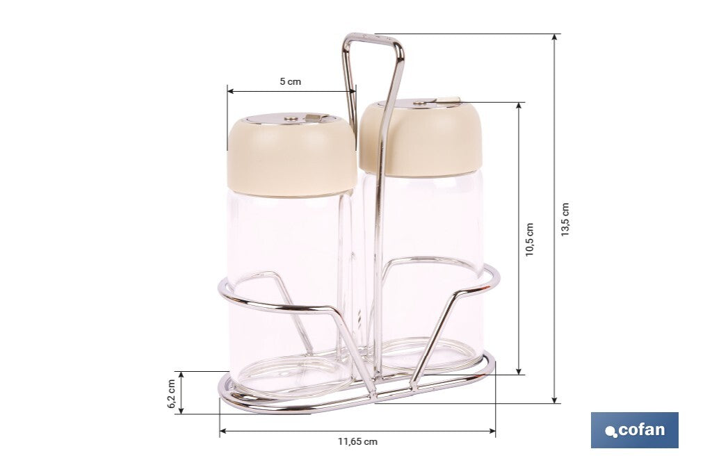 Cofan – Set de Salero y Pimentero con Soporte | Vidrio Borosilicato | Tapas Beige | 120 ml | Juego de 2 Piezas | Dosificación Controlada