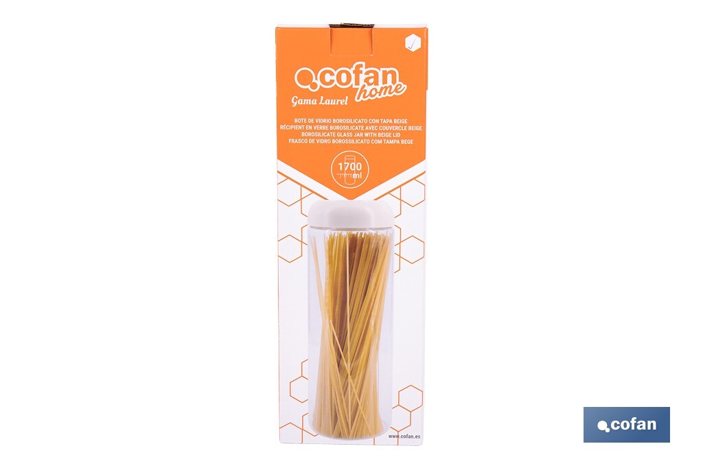 Cofan – Bote de Vidrio Borosilicato con Tapa Beige | 1,7 L | Cierre Hermético a Presión | Conservación de Alimentos