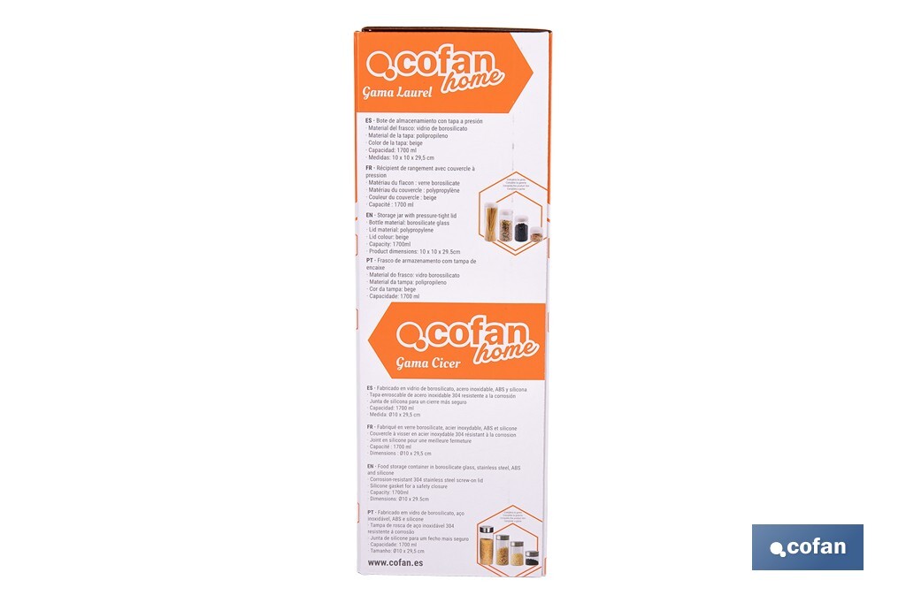 Cofan – Bote de Vidrio Borosilicato con Tapa Beige | 1,7 L | Cierre Hermético a Presión | Conservación de Alimentos