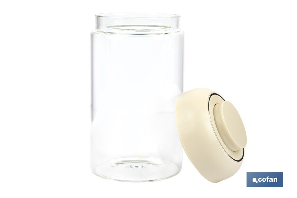 Cofan – Bote de Vidrio Borosilicato con Tapa Beige | 1 L | Cierre Hermético a Presión | Conservación de Alimentos