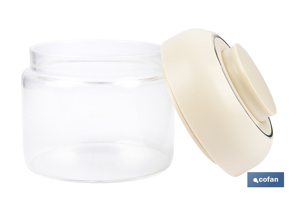 Cofan – Bote de Vidrio Borosilicato con Tapa Beige | 400 ml | Cierre Hermético a Presión | Conservación de Especias y Snacks