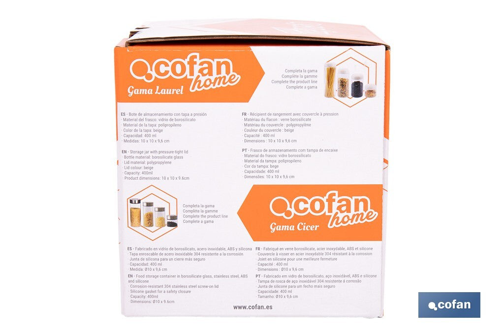 Cofan – Bote de Vidrio Borosilicato con Tapa Beige | 400 ml | Cierre Hermético a Presión | Conservación de Especias y Snacks