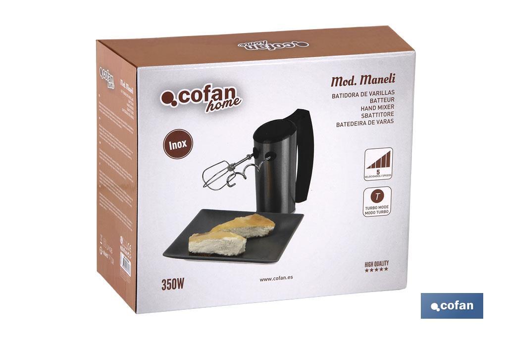 Cofan – Batidora de Varillas Maneli 350W | 5 Velocidades + Turbo | Acero Inox Cepillado | Ideal para Repostería