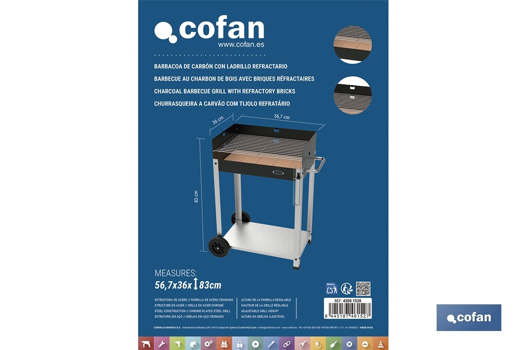 Cofan - Barbacoa de Carbón con Ruedas y Parrilla Regulable de Acero Cromado