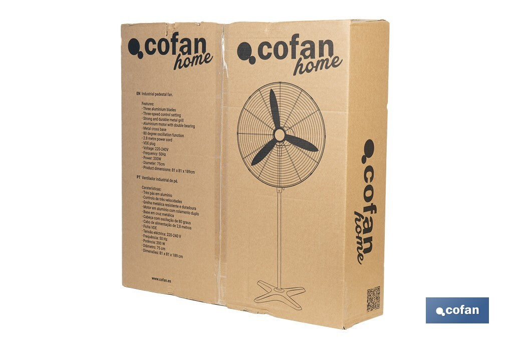 Cofan – Ventilador Industrial de Pie con 3 Velocidades y Potencia de 200W