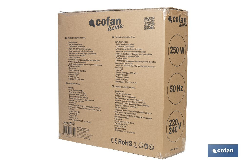 Cofan – Ventilador Industrial de Suelo con 3 Velocidades y Potencia de 250W