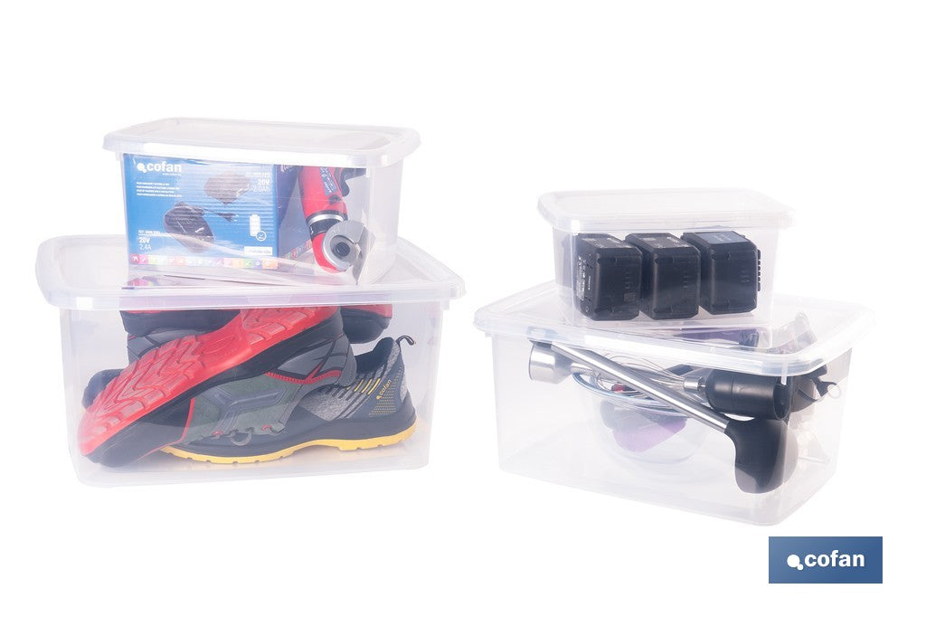 Cofan – Pack de 4 Cajas de Almacenaje Transparentes con Tapa | 4, 8, 15 y 26 Litros