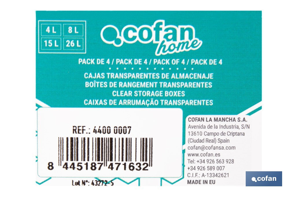 Cofan – Pack de 4 Cajas de Almacenaje Transparentes con Tapa | 4, 8, 15 y 26 Litros