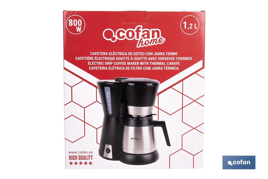 Cofan – Cafetera Eléctrica de Goteo 800 W | Jarra Termo 1,2 L | 12 Tazas | Filtro Permanente