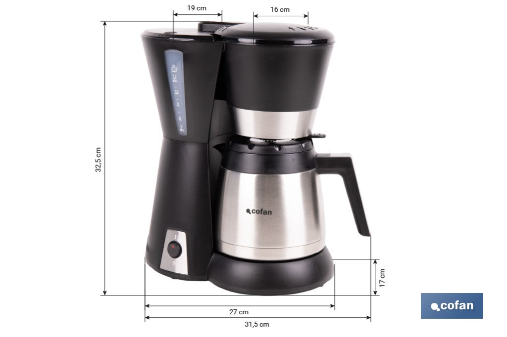 Cofan – Cafetera Eléctrica de Goteo 800 W | Jarra Termo 1,2 L | 12 Tazas | Filtro Permanente