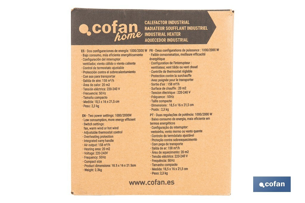 Cofan – Calefactor Cerámico Industrial Portátil | 2000W | Termostato Ajustable | Silencioso y Seguro