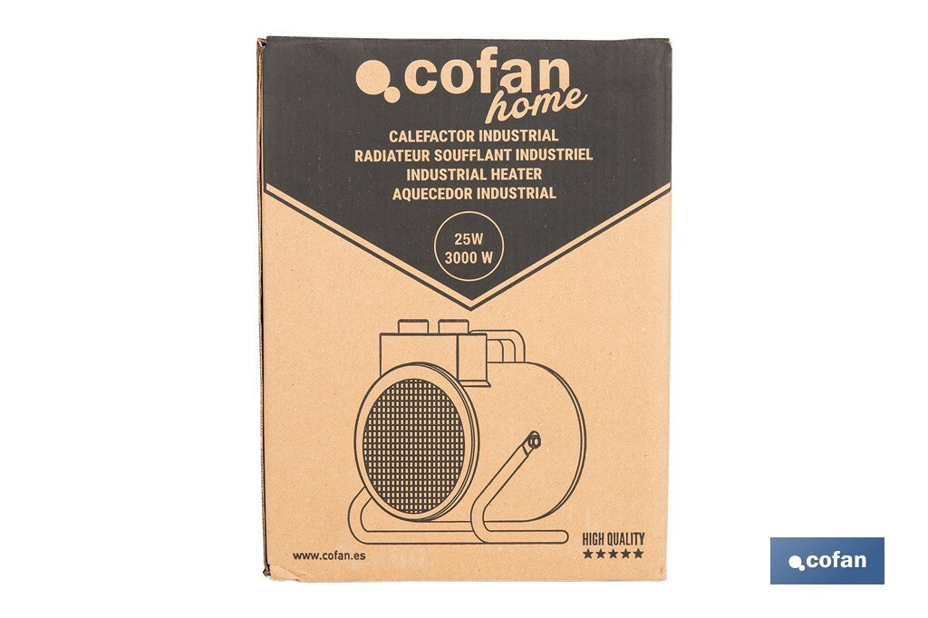 Cofan – Calefactor Industrial 3000W con Termostato Ajustable | Protección IP24 y Función Ventilador